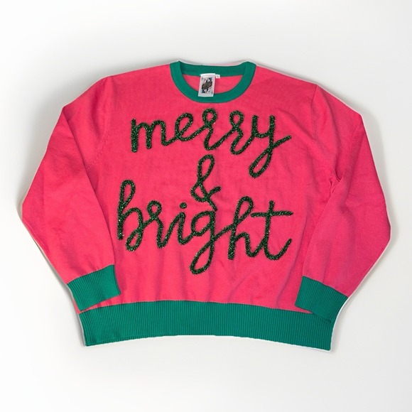 NWT Queen Of Sparkles Christmas Crew Neck Pullover Sweater "Merry & Bright" Sz L - Picture 1 of 7